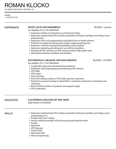 cv for cnc machinist